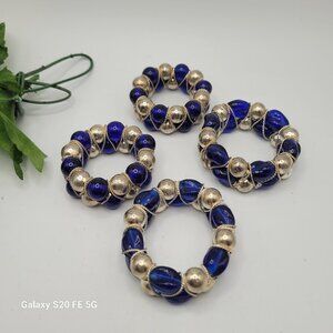 Blue Glass and Metal Beaded Napkin Rings Set of 4